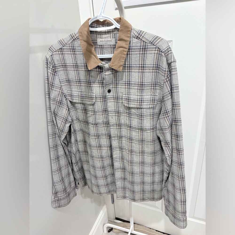 All Saints Men's Checkered Shirt Jacket - Gray and Tan